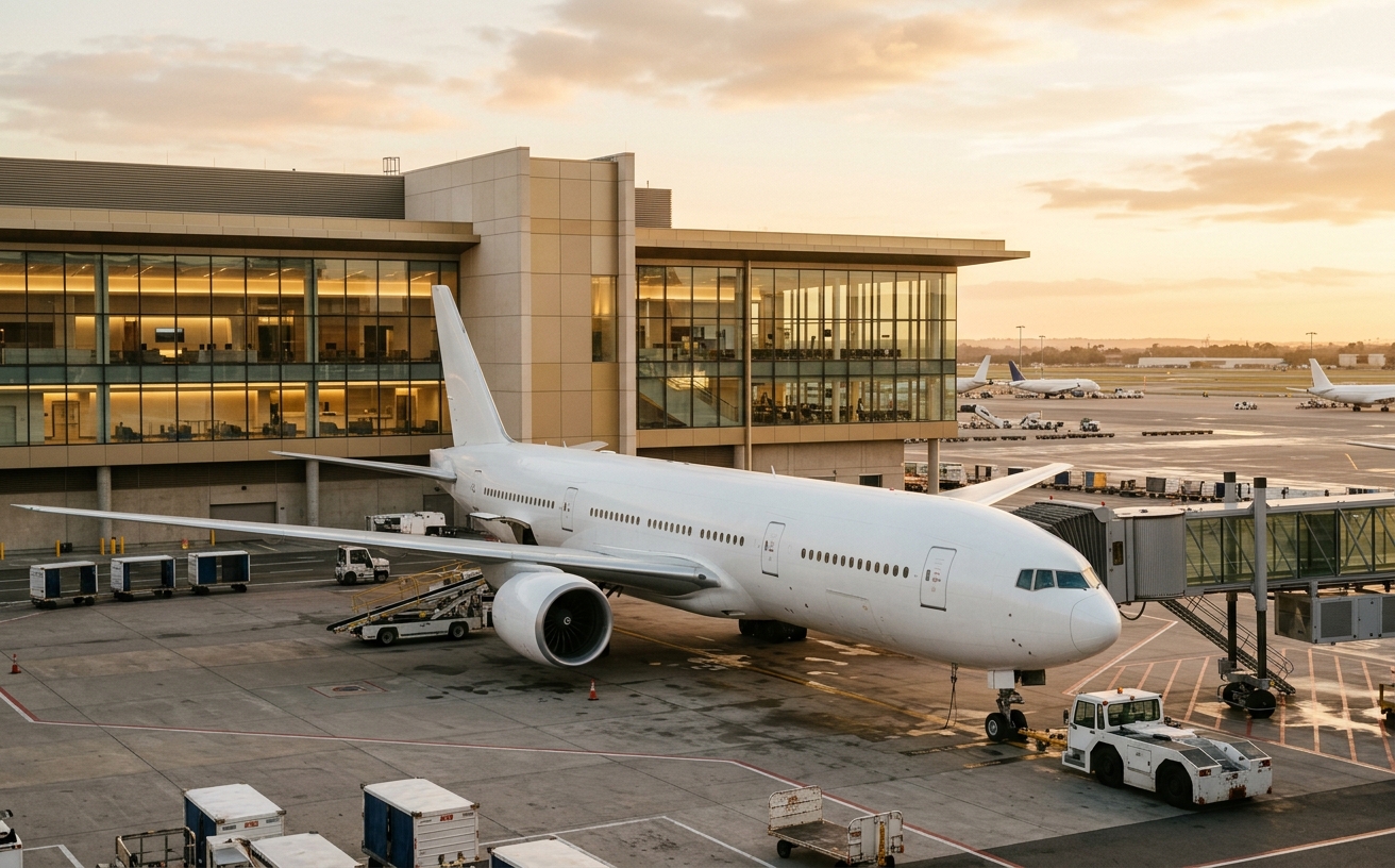 Wide-body jet at an airport gate during golden hour