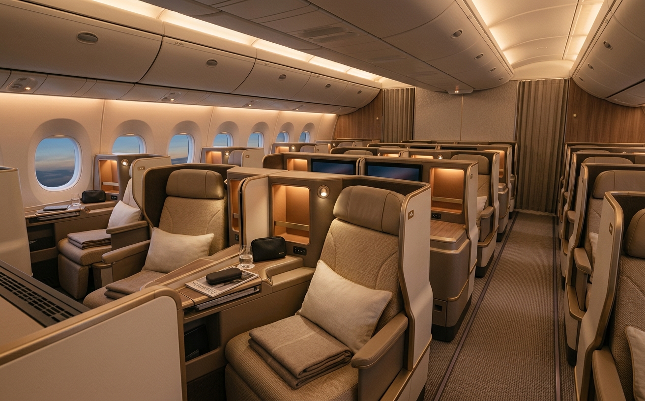 European wide-body business-class cabin at dusk with lie-flat seats