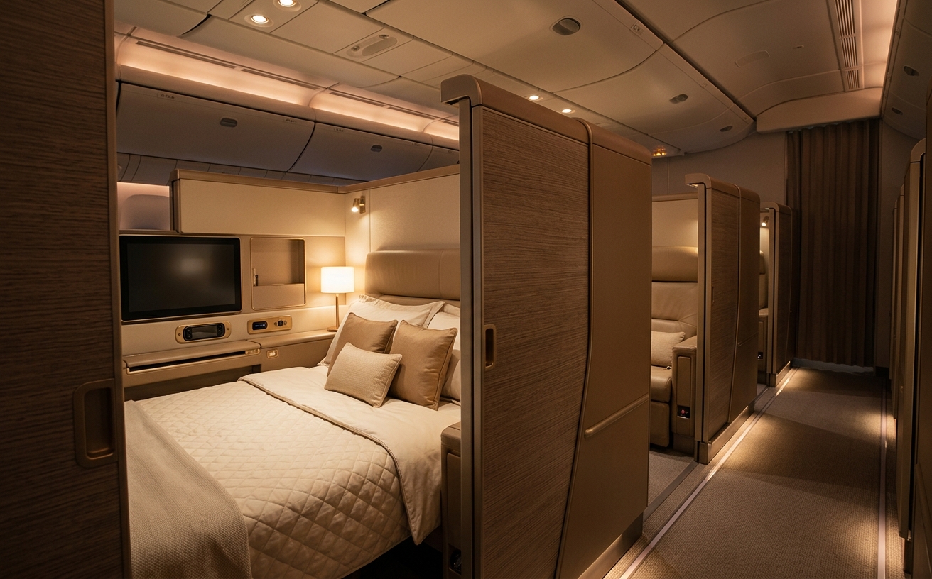 Premium long-haul business-class suite in warm gold cabin light