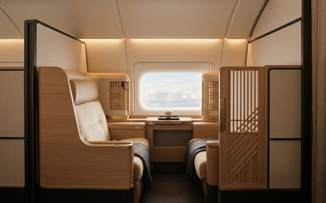 Refined Japanese-style premium airline cabin in soft warm light