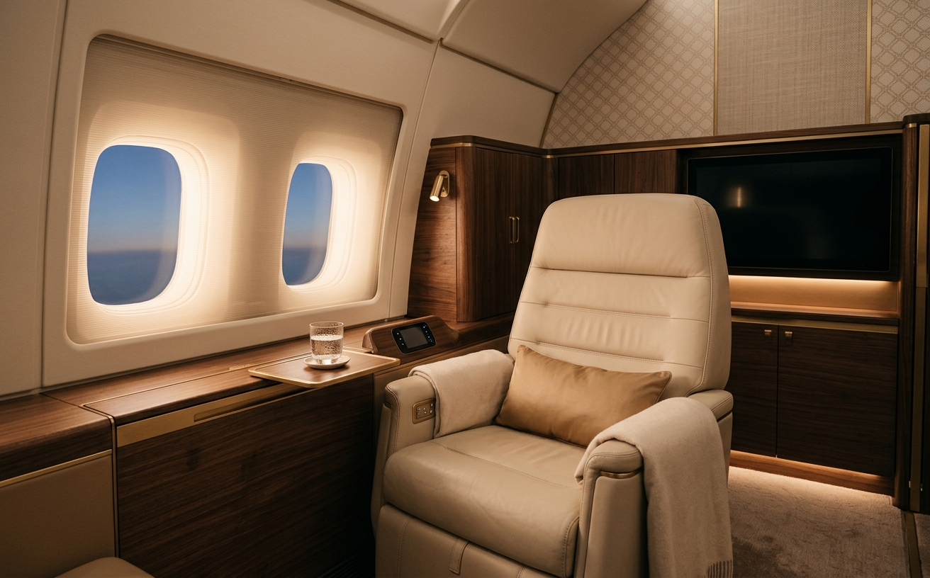 First-class airline suite with cream upholstery and gold accents