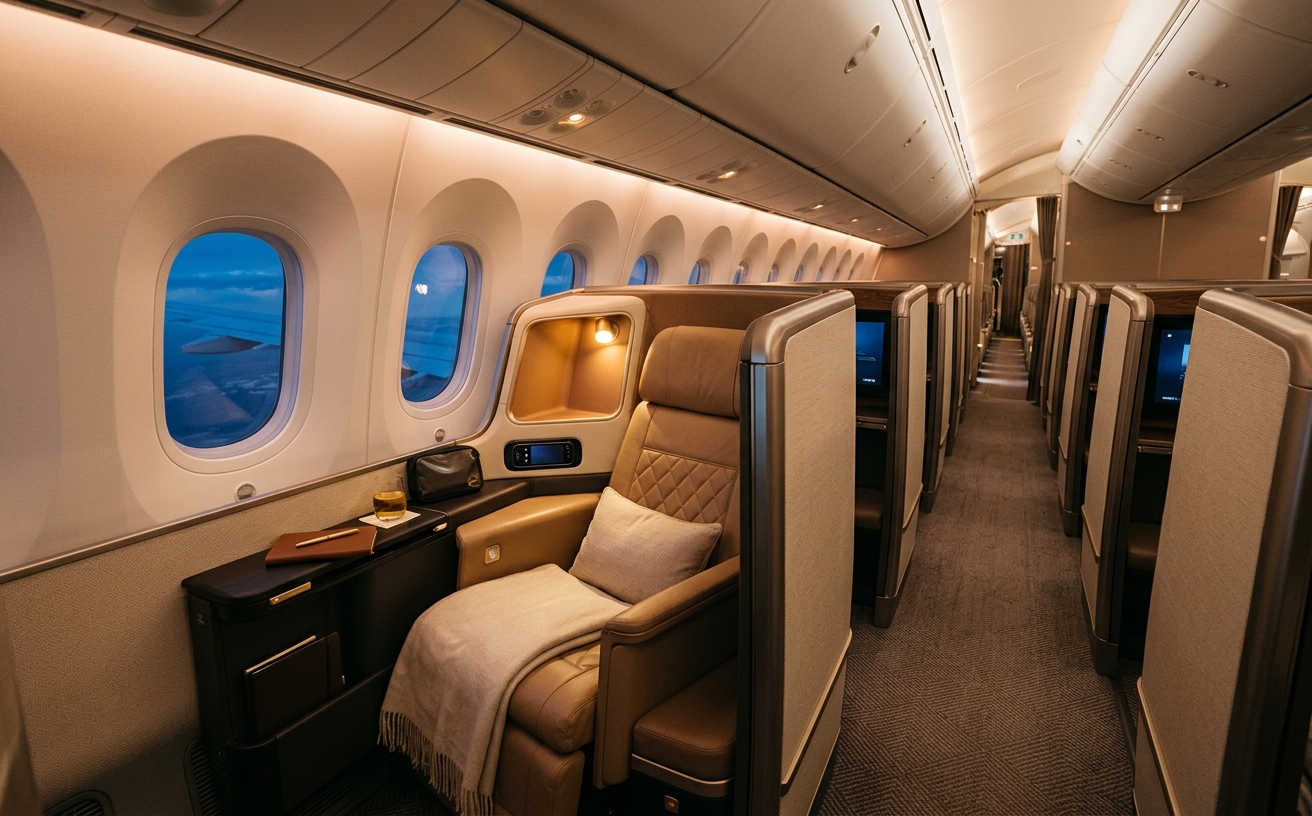 Transatlantic business-class cabin at dusk with warm cabin lighting