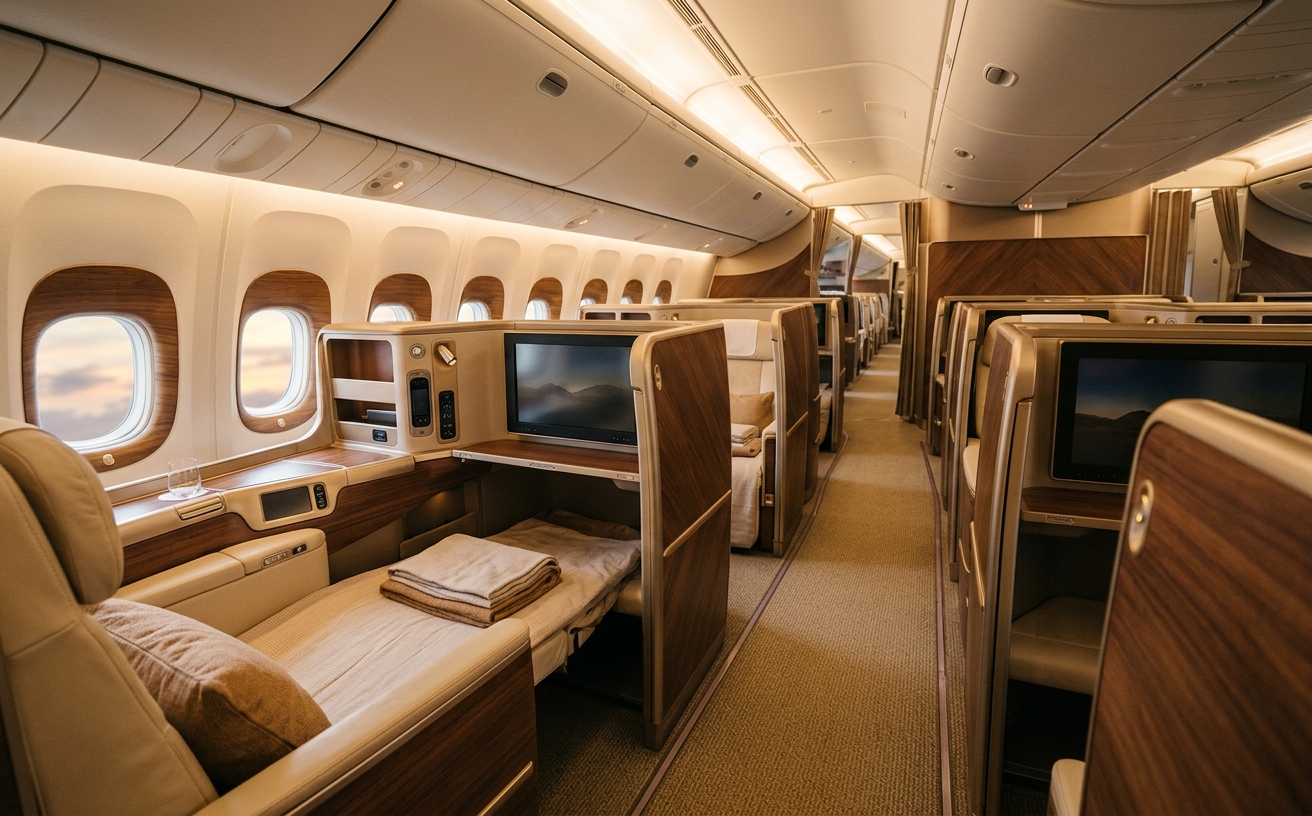 Premium cabin at golden hour with a glowing window and brushed-gold accents
